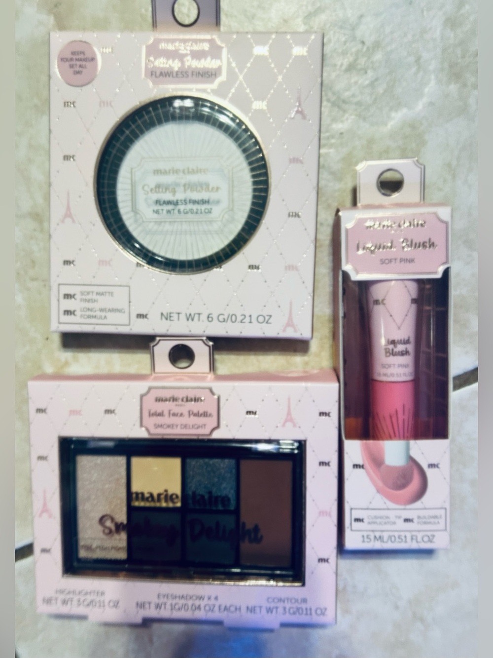 NWT-Marie Claire Smokey Delight Face Palette, Setting Powder, and Liquid Blush.
